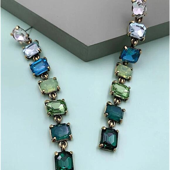 Antique Gold Emerald Cut Crystal Opal Sapphire Aquamarine Tassel Drop Earrings - Picture 7 of 12